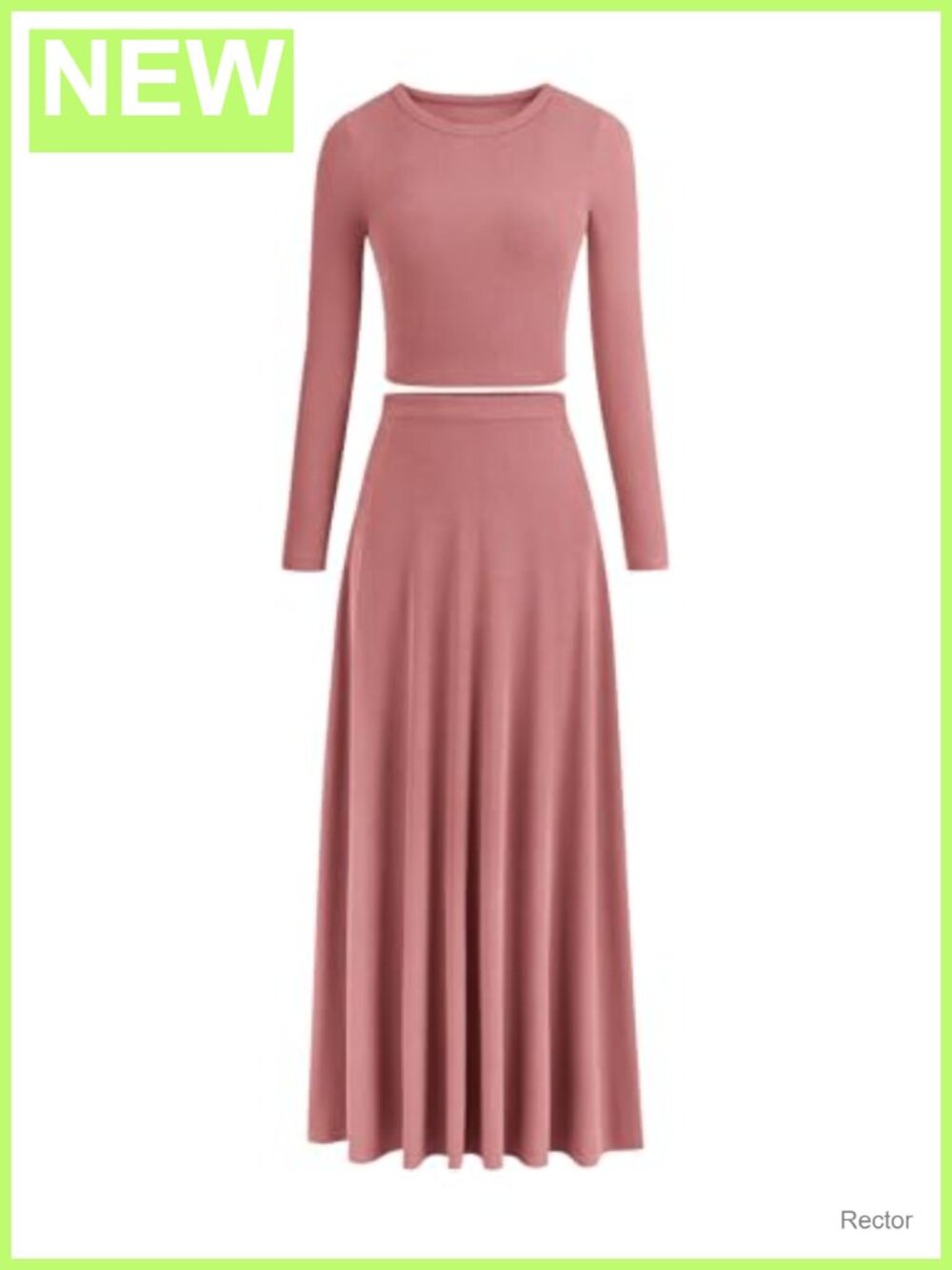 Ribbed Knit 2 Piece Crop Top and Maxi Skirt Set Long Sleeve Ruffle Hem